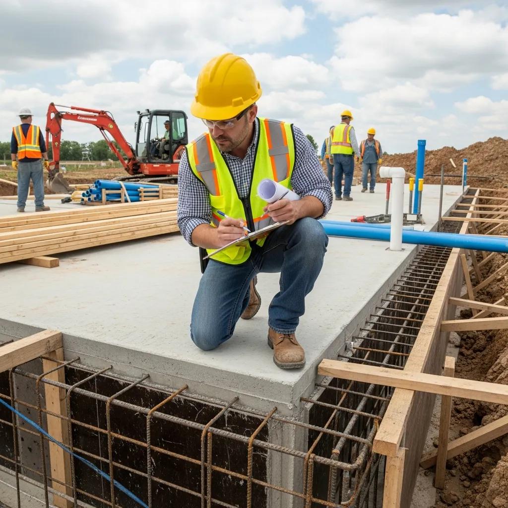 Building inspector reviewing foundation at a custom home construction site