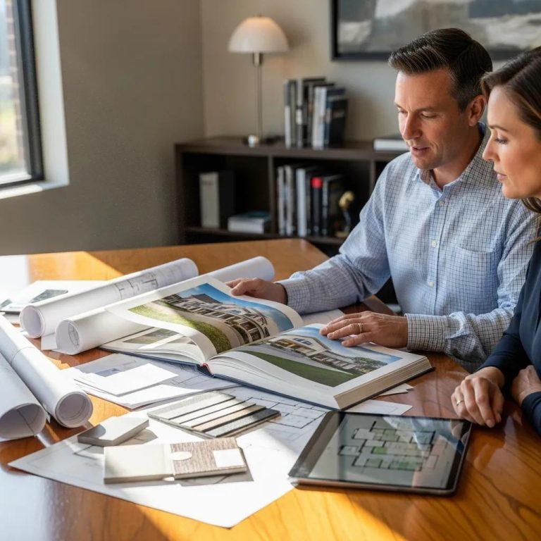 Client discussing project details with a custom home builder in an office