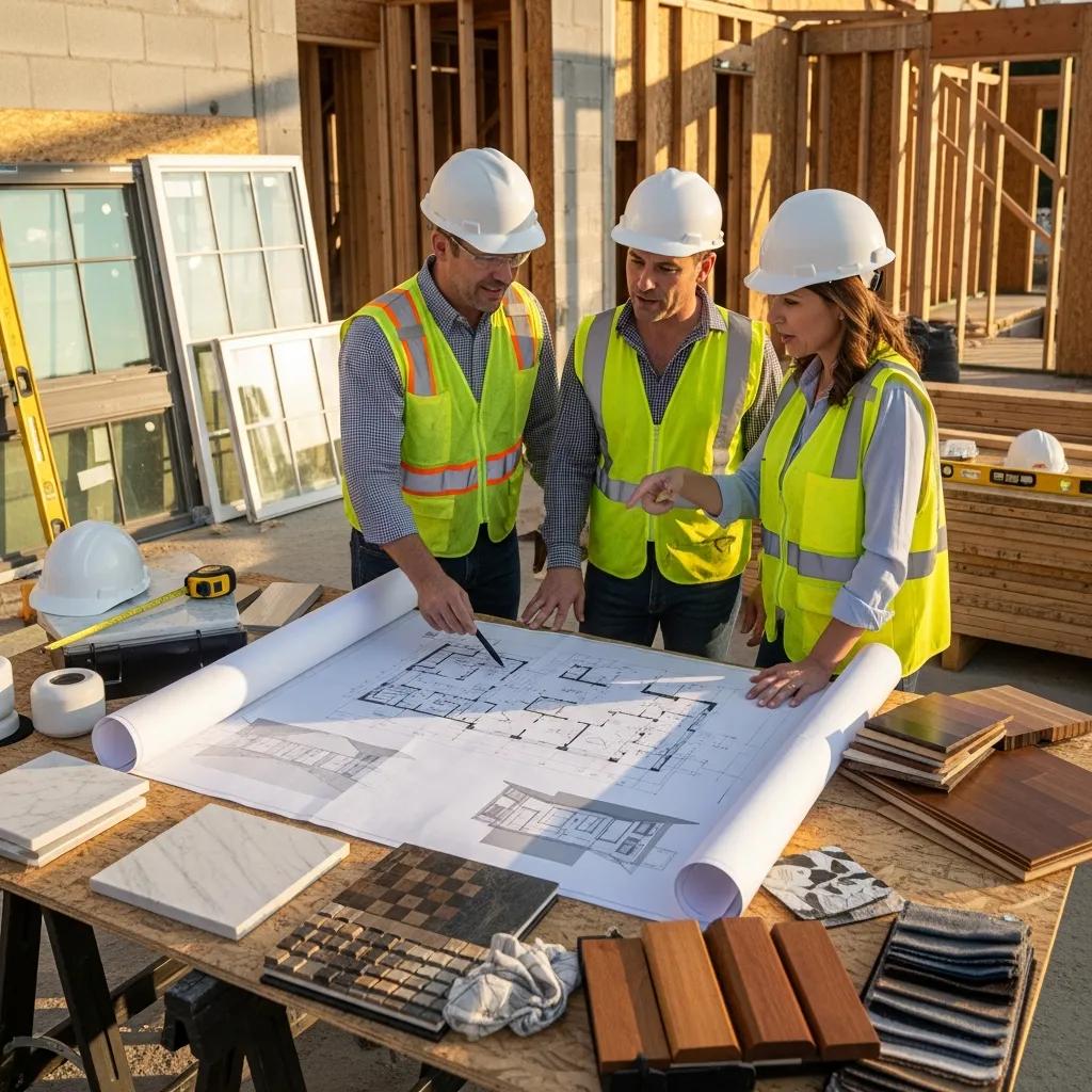 Custom mansion builder consulting with homeowners at a construction site with blueprints and material samples