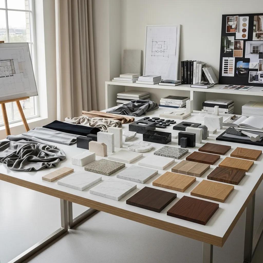 Display of premium luxury home finishes including fabrics, stone, and wood samples