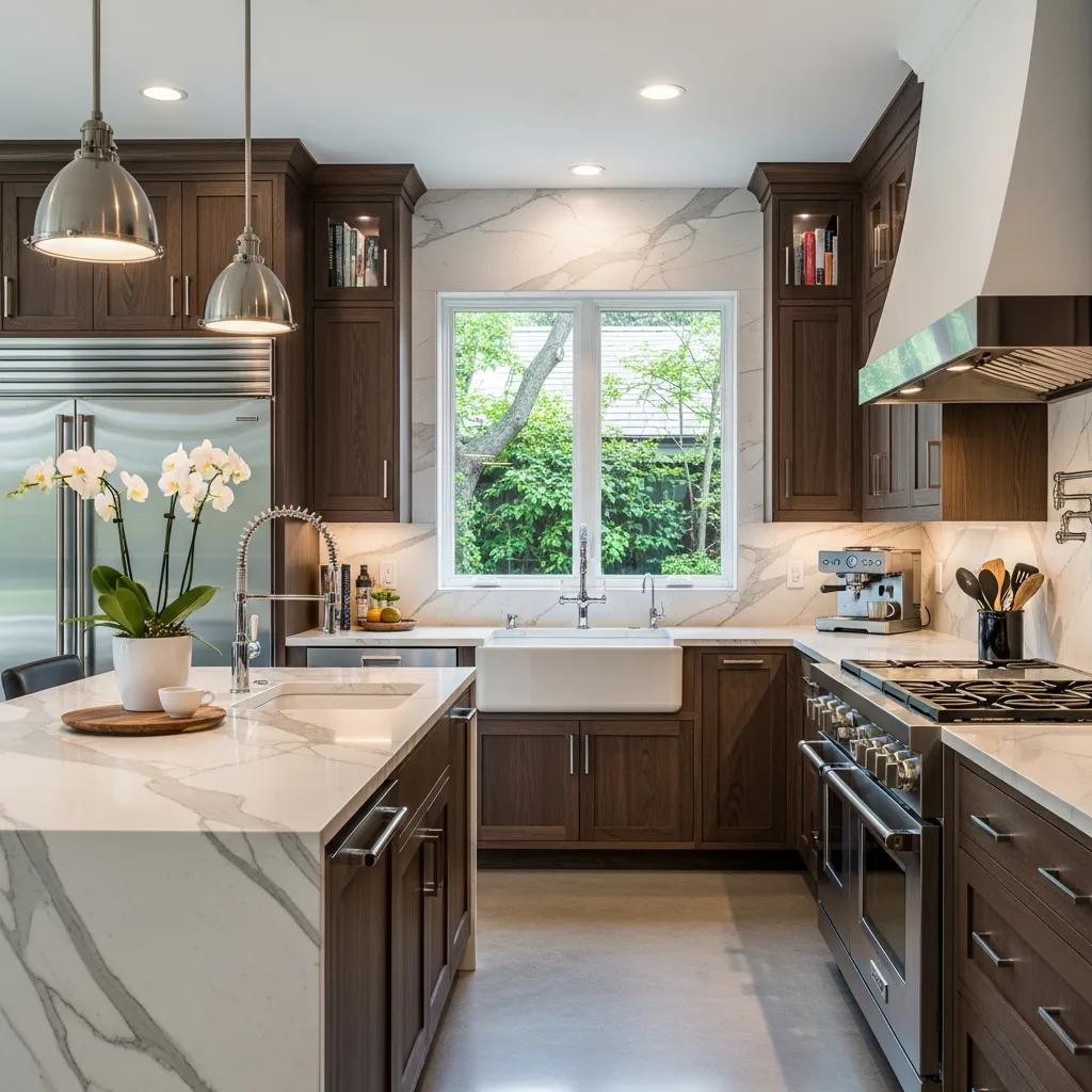 Luxuriously remodeled kitchen with modern fixtures and custom cabinetry in a high-end home