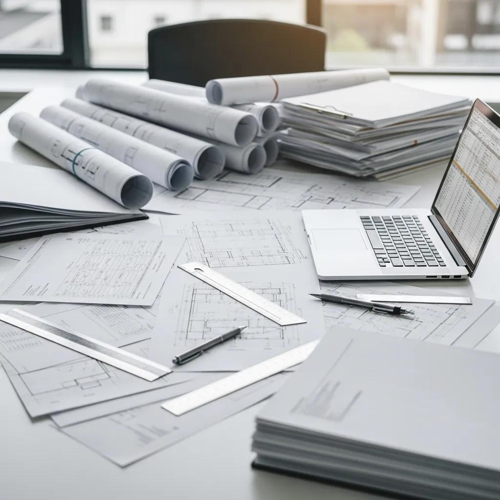 Workspace with architectural plans and engineering reports for building permits