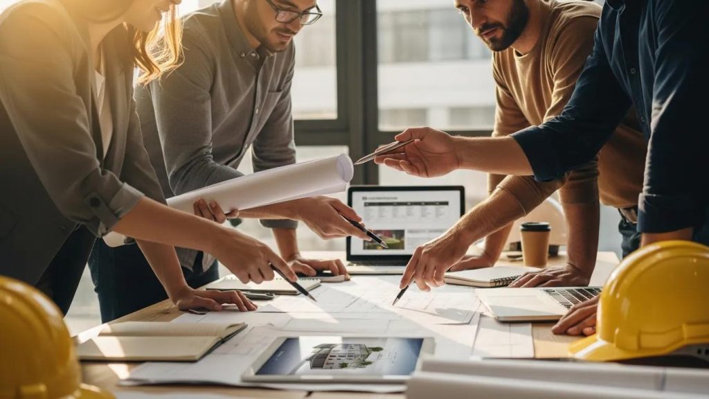 Architects and builders collaborating in a modern office setting