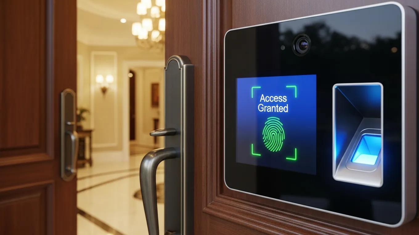 Biometric access control unit with fingerprint reader and facial recognition interface