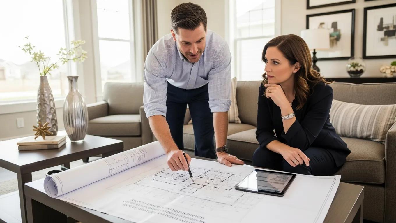 Builder and homeowner reviewing warranty details inside a custom Newport Beach residence