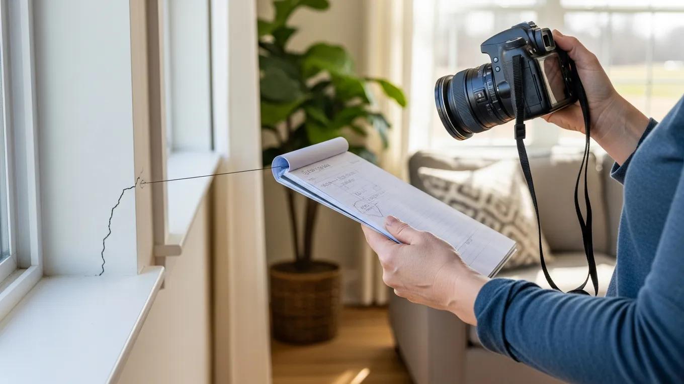 Homeowner documenting a home issue with photos and notes to submit a warranty claim