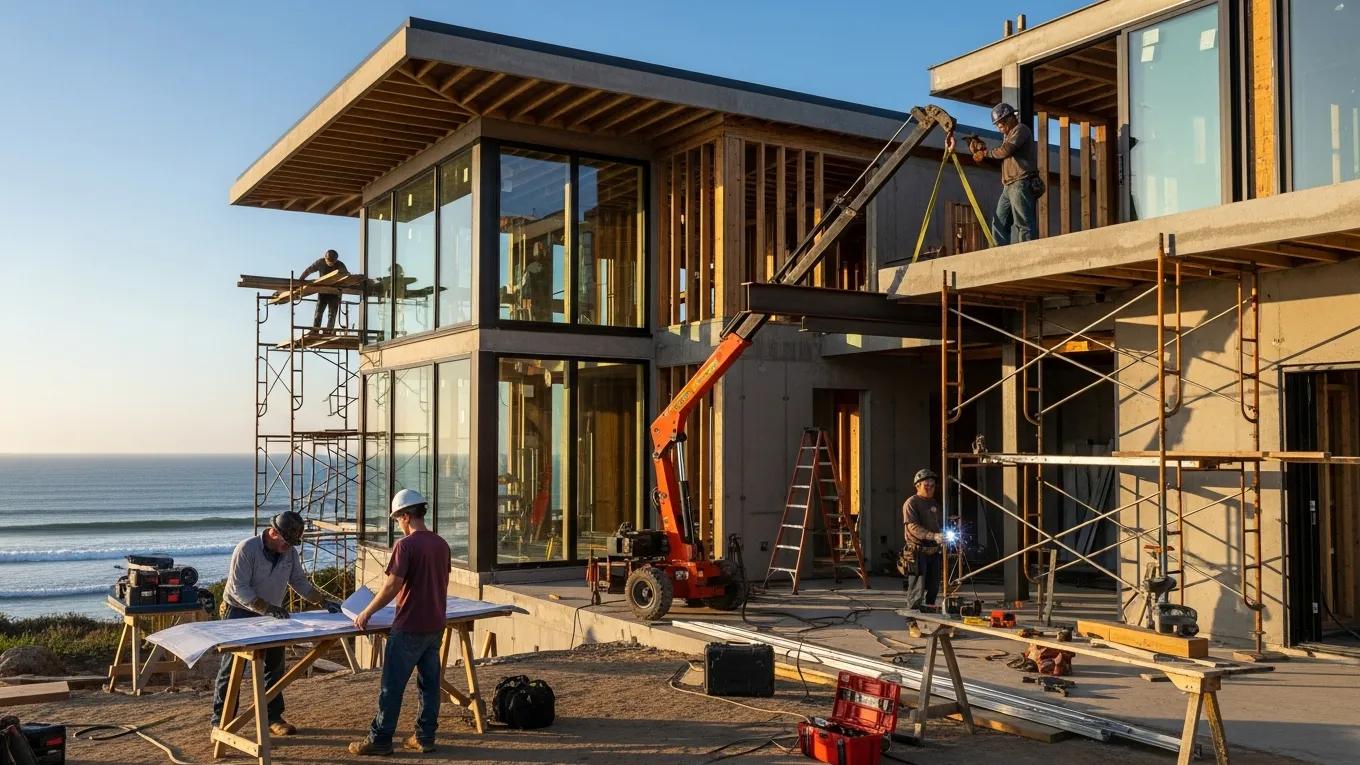 Design and construction team collaborating on plans for a luxury residence