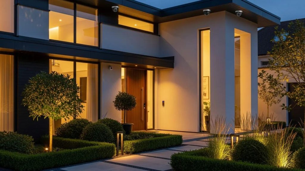 Luxury home with integrated security features including cameras and smart locks