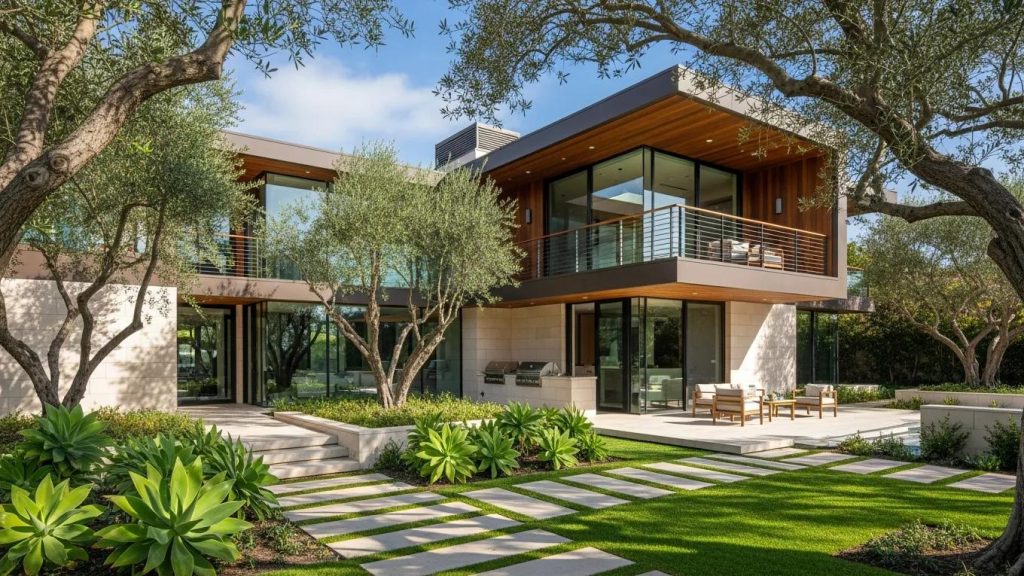 Modern custom home in Newport Beach with elegant architecture and lush landscaping