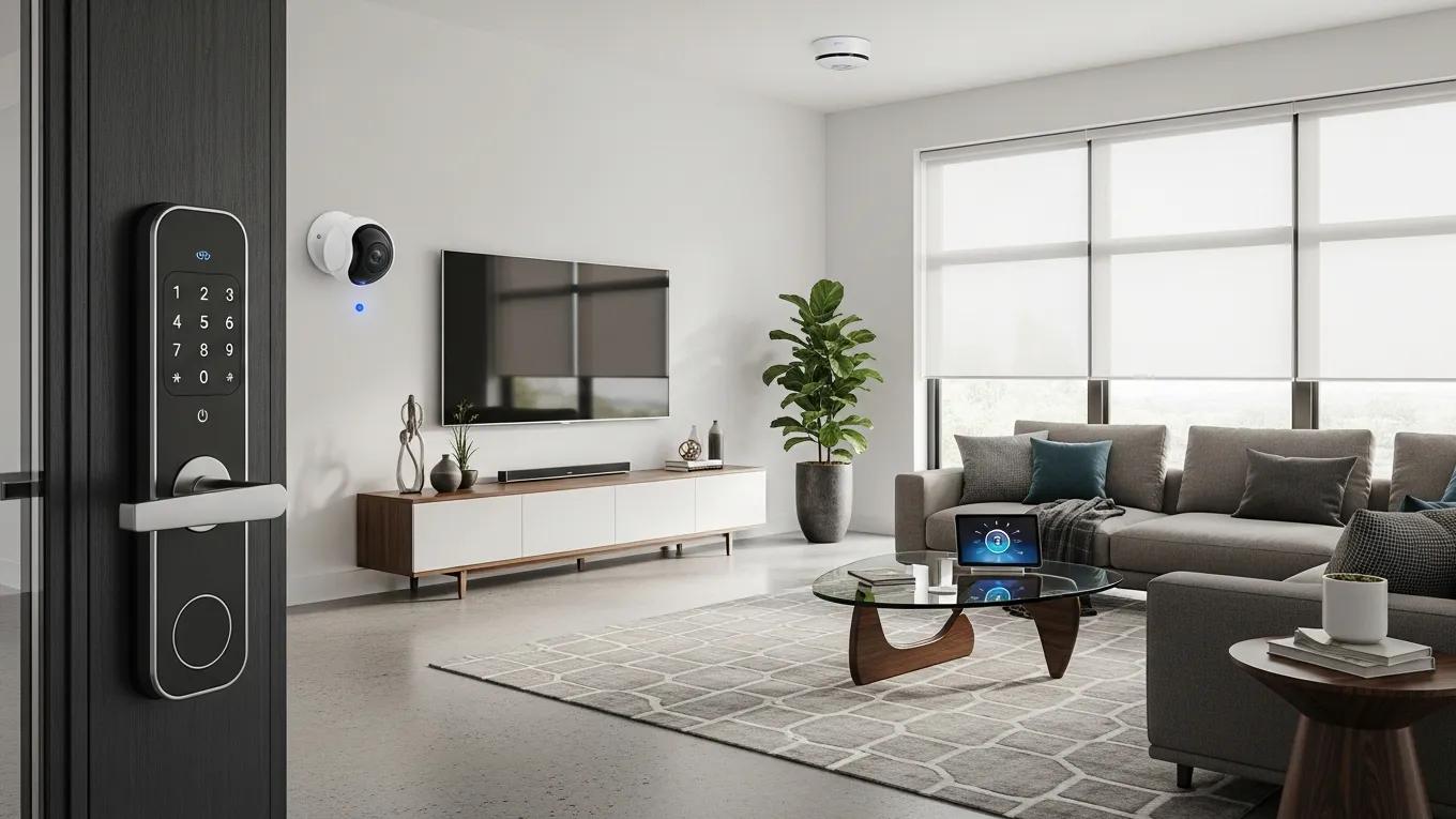 Contemporary living space showcasing smart locks, camera placement, and motion sensors