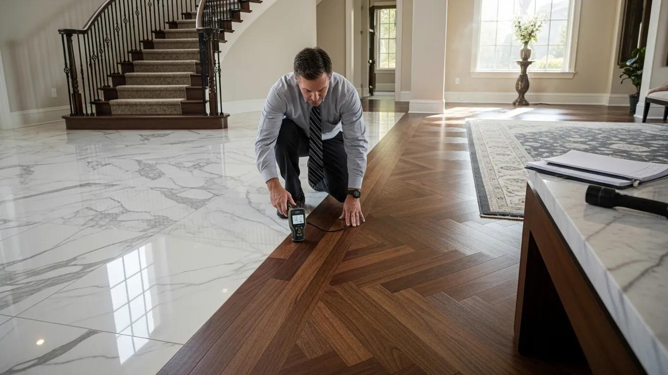 Professional inspecting luxury home materials for preventative maintenance