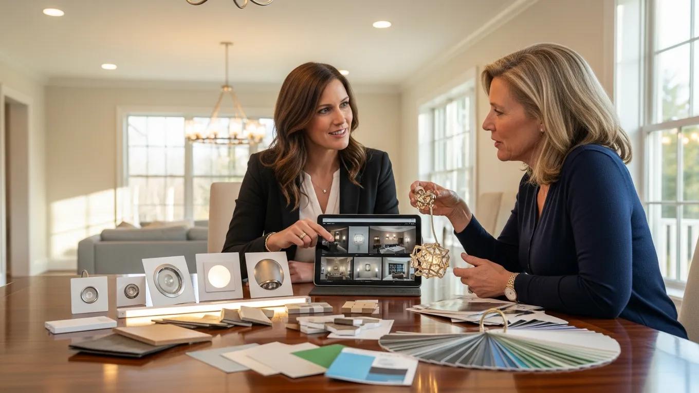 Interior designer collaborating with a client on personalized lighting solutions in a luxury home