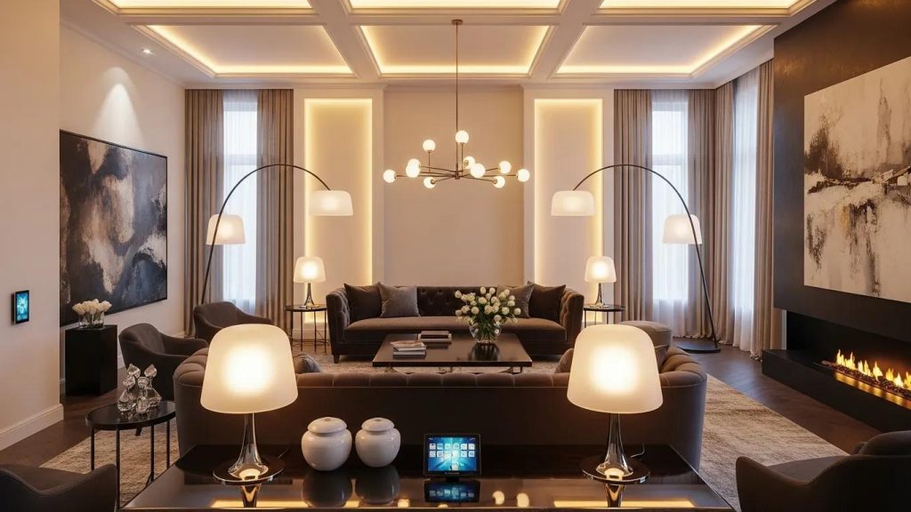 Luxurious living room with automated smart lighting showcasing elegant fixtures and warm ambiance