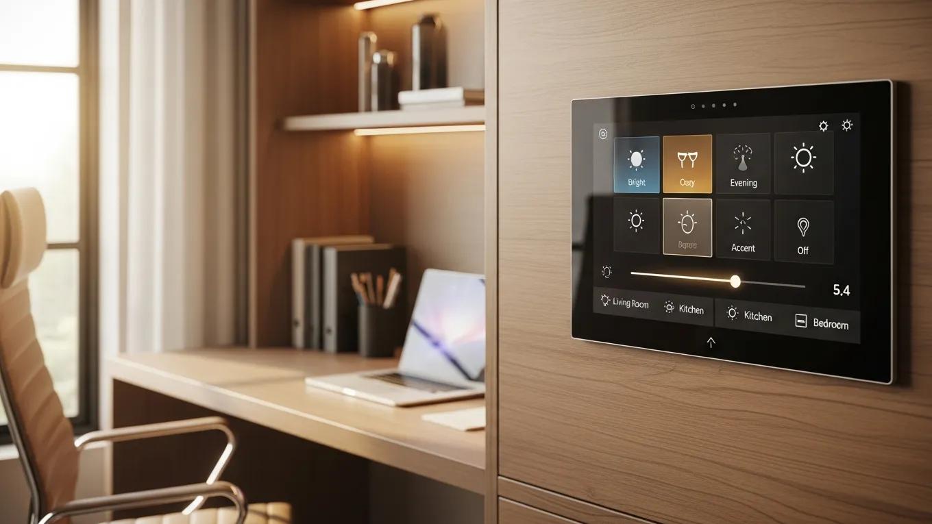 Modern smart home control panel showcasing various lighting options for luxury homes